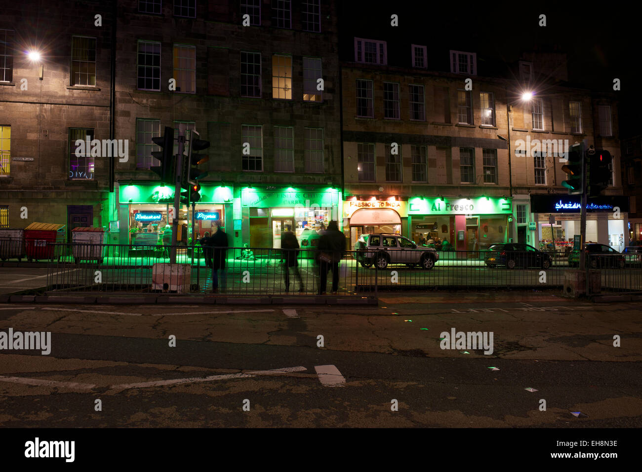 Brightly lit restaurants, Union Place, Edinburgh. Stock Photo