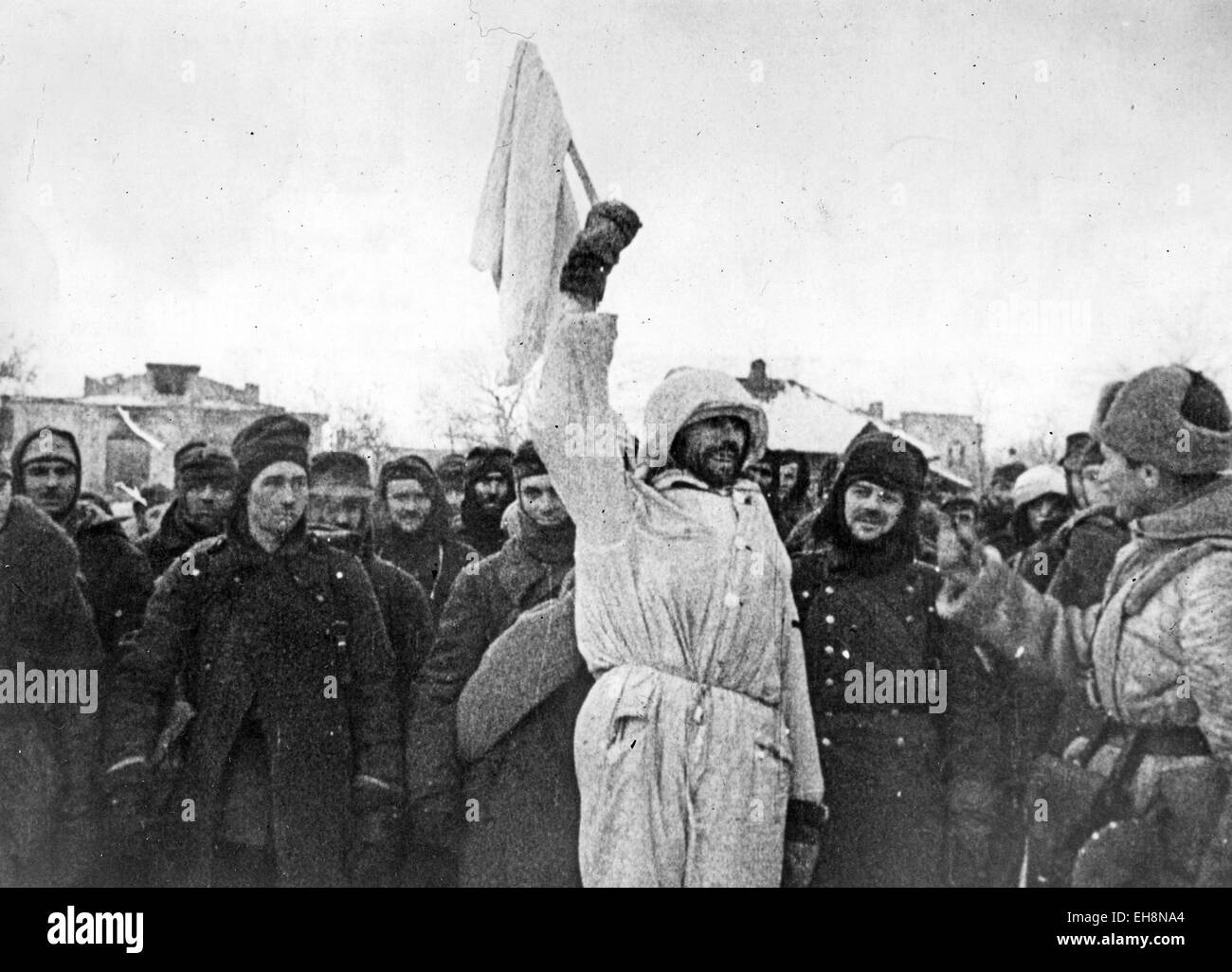 BATTLE OF STALINGRAD  August 1942-February 1943) German group surrendering in posed Soviet film footage Stock Photo