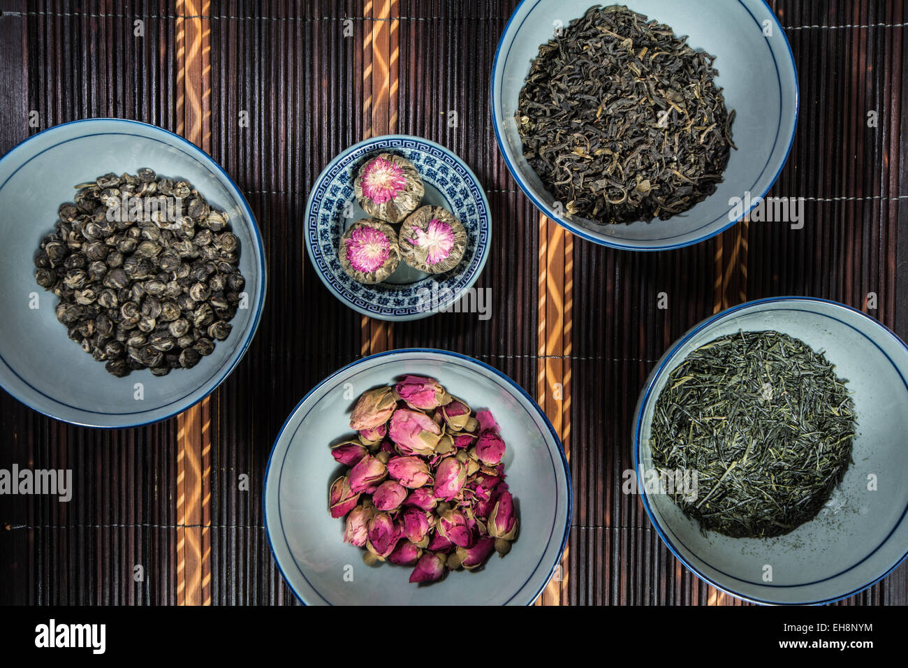Chinese Bowls filled with different kinds of Tea Stock Photo Alamy