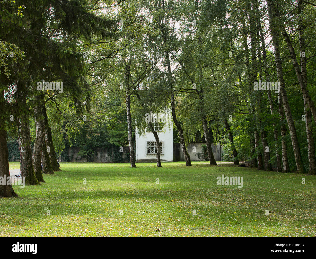 Munich Germany Dachau concentration camp grass and building Stock Photo