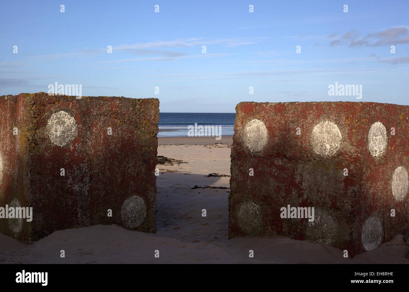 bamburgh beach northumberland uk seascape  sand sea cube Stock Photo