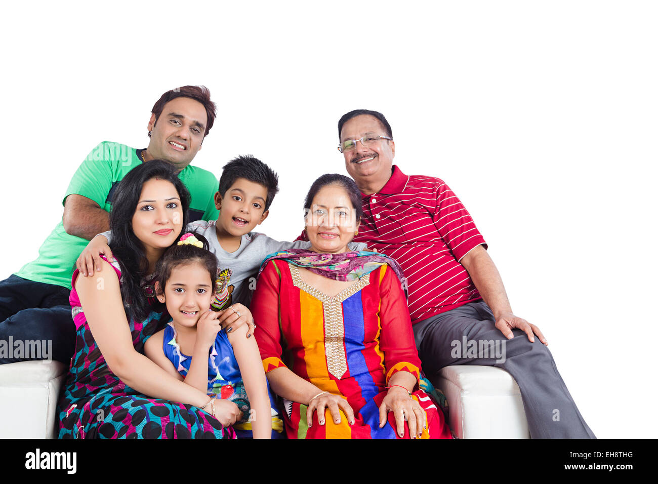 indian group crowds grand Parents Joint Family sitting Sofa Stock Photo