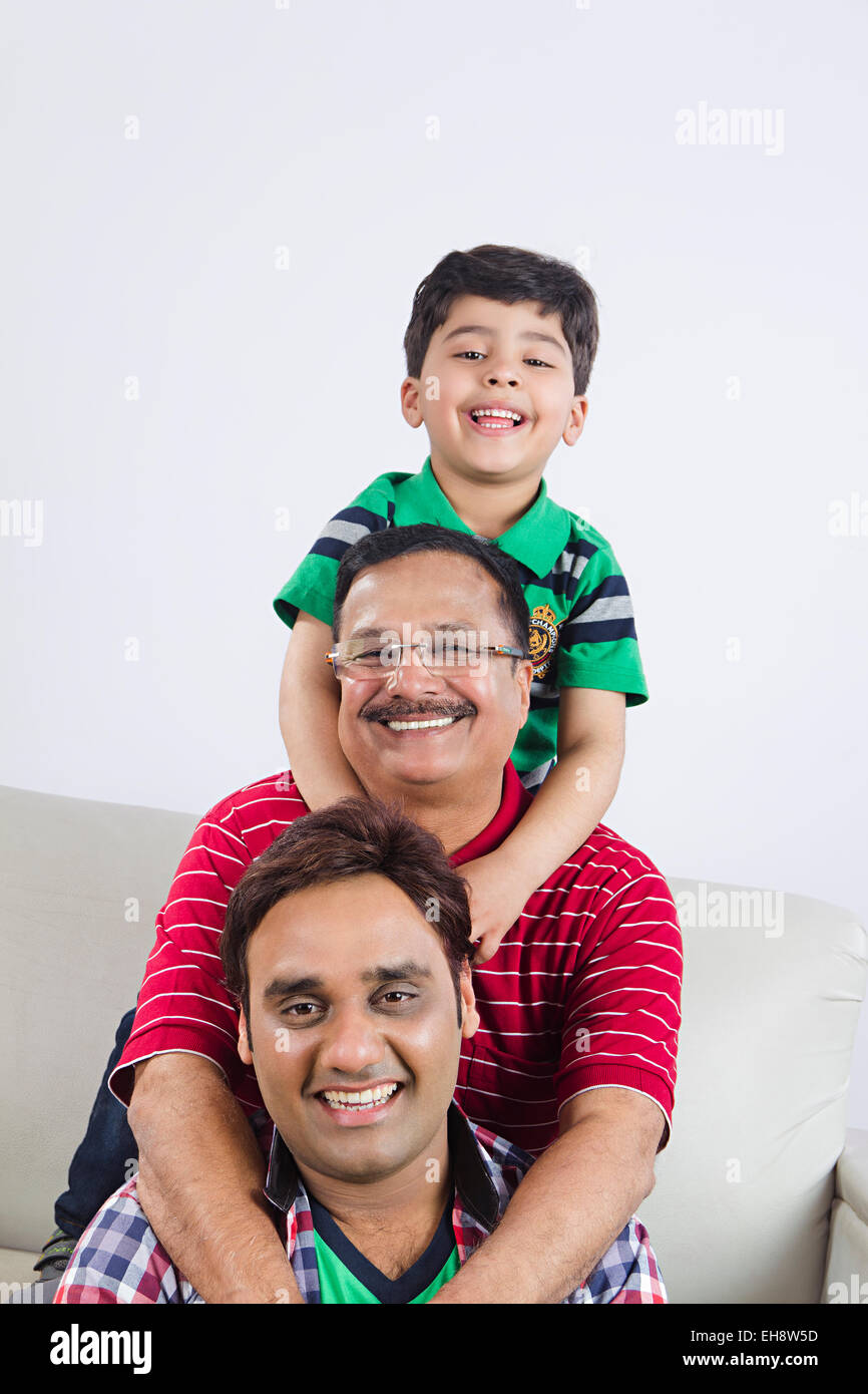 3 indian grand father Grandsonr and fatherr sitting sofa Stock Photo