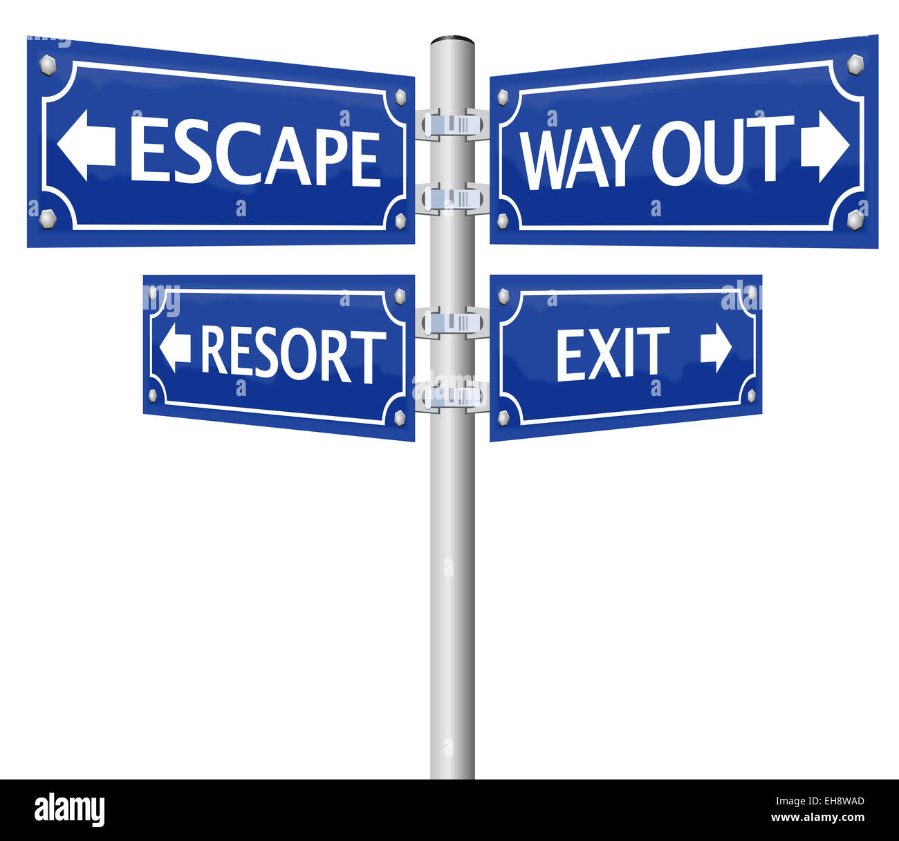 EXIT, ESCAPE, WAY OUT and RESORT, written on four signposts. Stock Photo