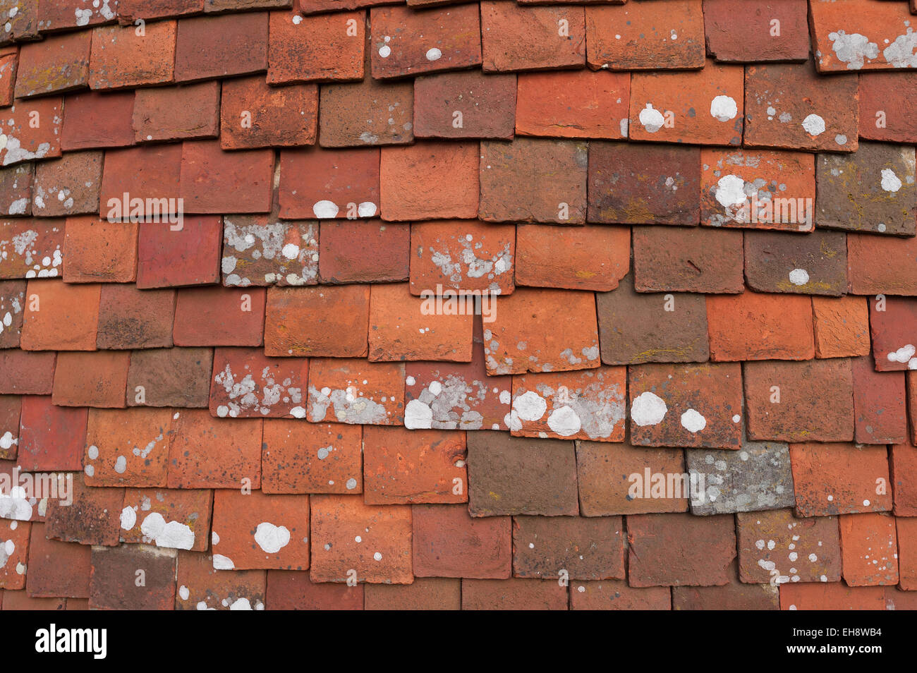 Overlapping mixed  handmade clay tiles roofing tile hanging on the surface of an oast house a cheap way of keeping out the rain Stock Photo