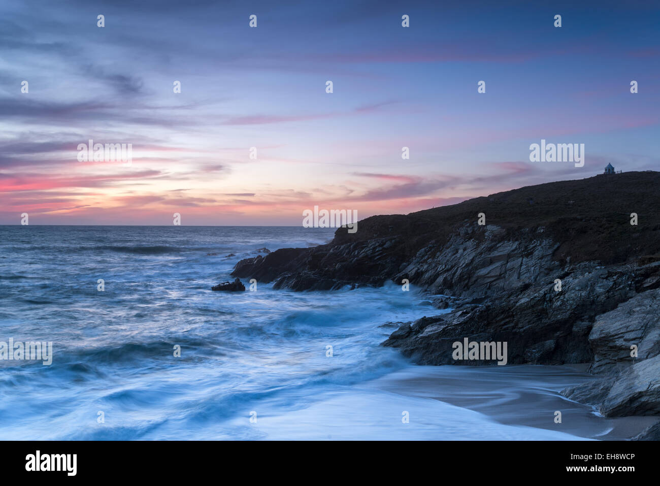 Night falls over the Towan Headland at Little Fistral Beach in Newquay, Cornwall Stock Photo