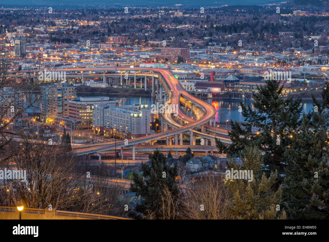Portland Oregon Marquam Freeway Light Trails with Eastside City Lights during Evening Blue Hour