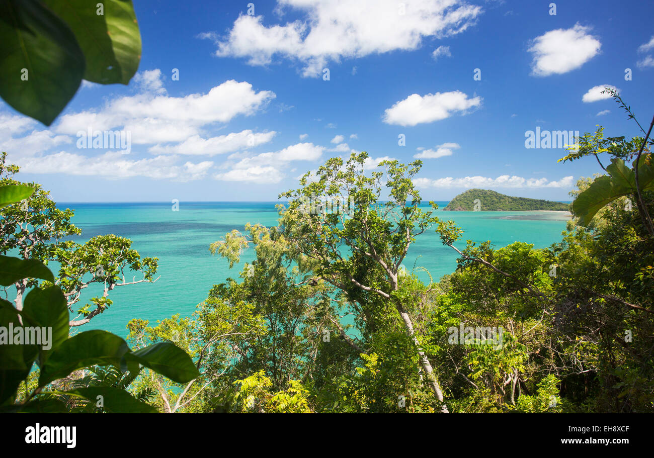 View of Cape Tribulation with stunning turquoise blue sea and tropical vegetation, Queensland, Australia Stock Photo