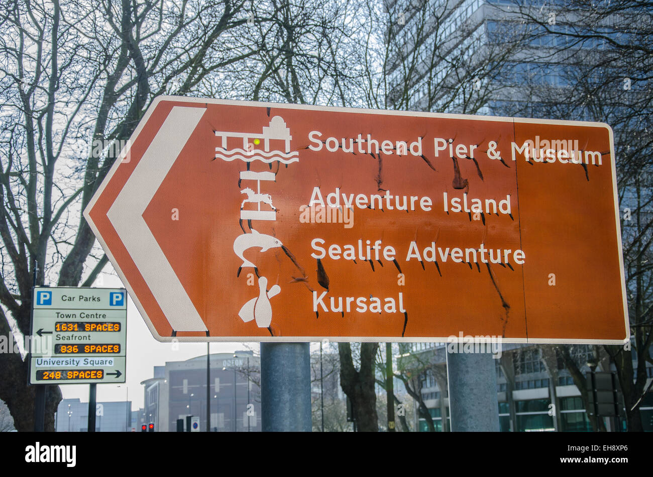 Southend brown tourism road sign. Southend-on-Sea is a seaside resort town and wider unitary authority area with borough status, in Essex, England, UK Stock Photo