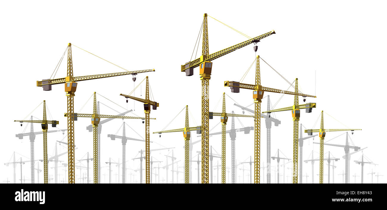 Cranes at construction site border design element as a development and economic growth symbol with a group of commercial industrial building equipment on a white background. Stock Photo