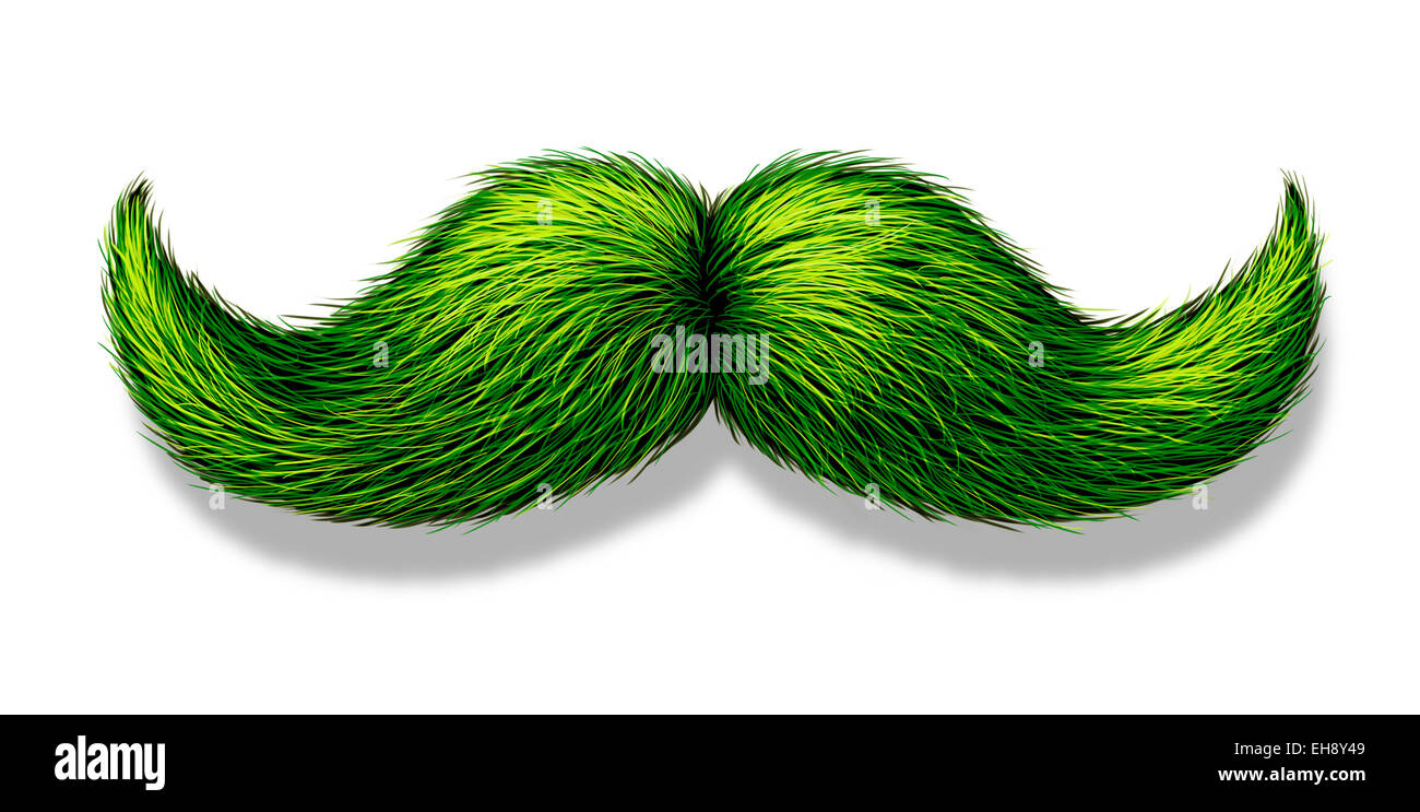 Green moustache or mustache on a white background with a shadow as a symbol for spring and nature or saint patricks day celebration or a vegetarian design element. Stock Photo