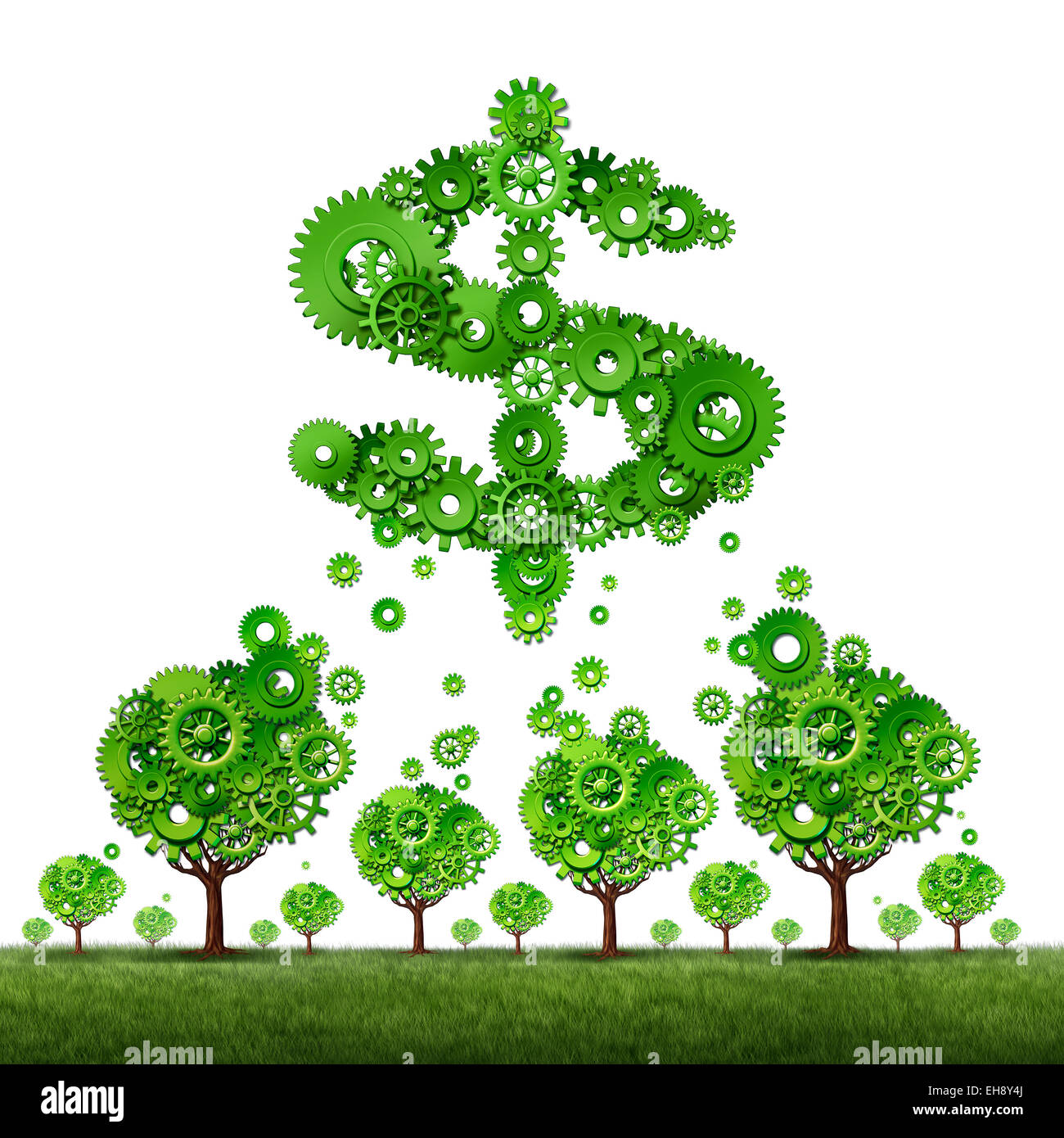 crowdfunding investing and collective income concept as a group of green trees made of gears contributing to a dollar sign symbol shaped with cog wheels as a crowd funding idea. Stock Photo