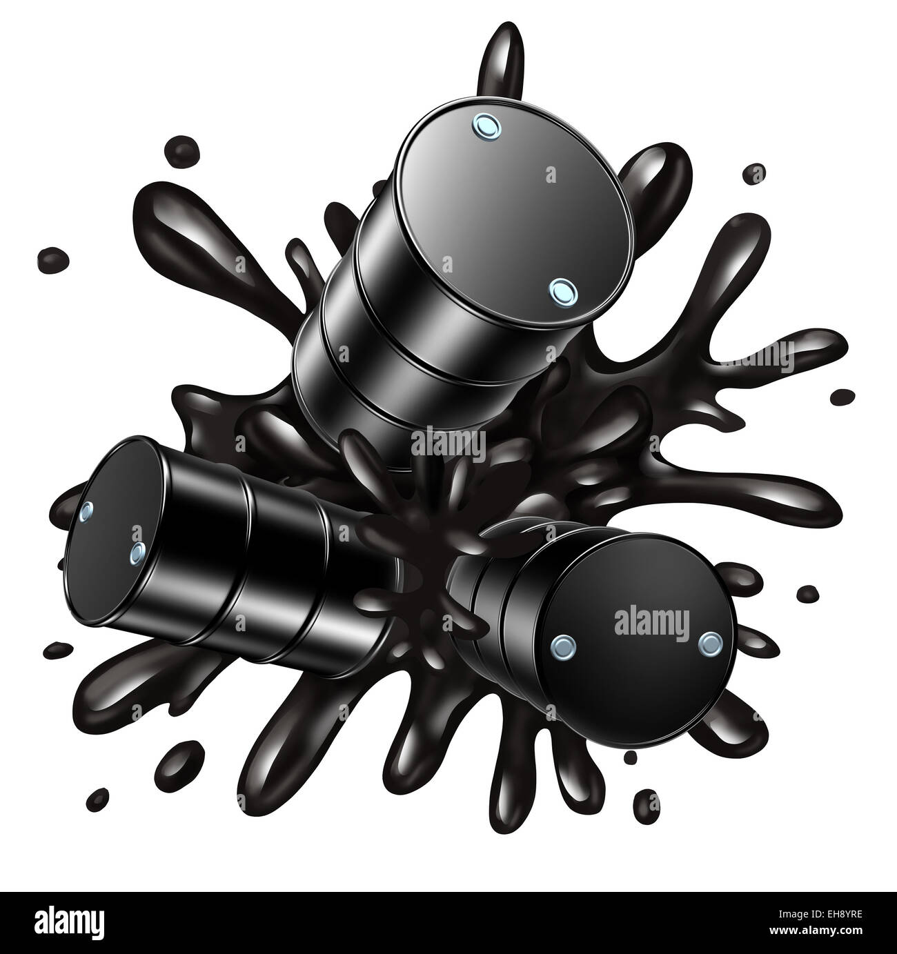 Oil fall and barrels dropping as a concept for faling fuel and gas prices as liquid black crude petroleum splashing for declining prices in fossil energy due to market oversupply and overproduction. Stock Photo