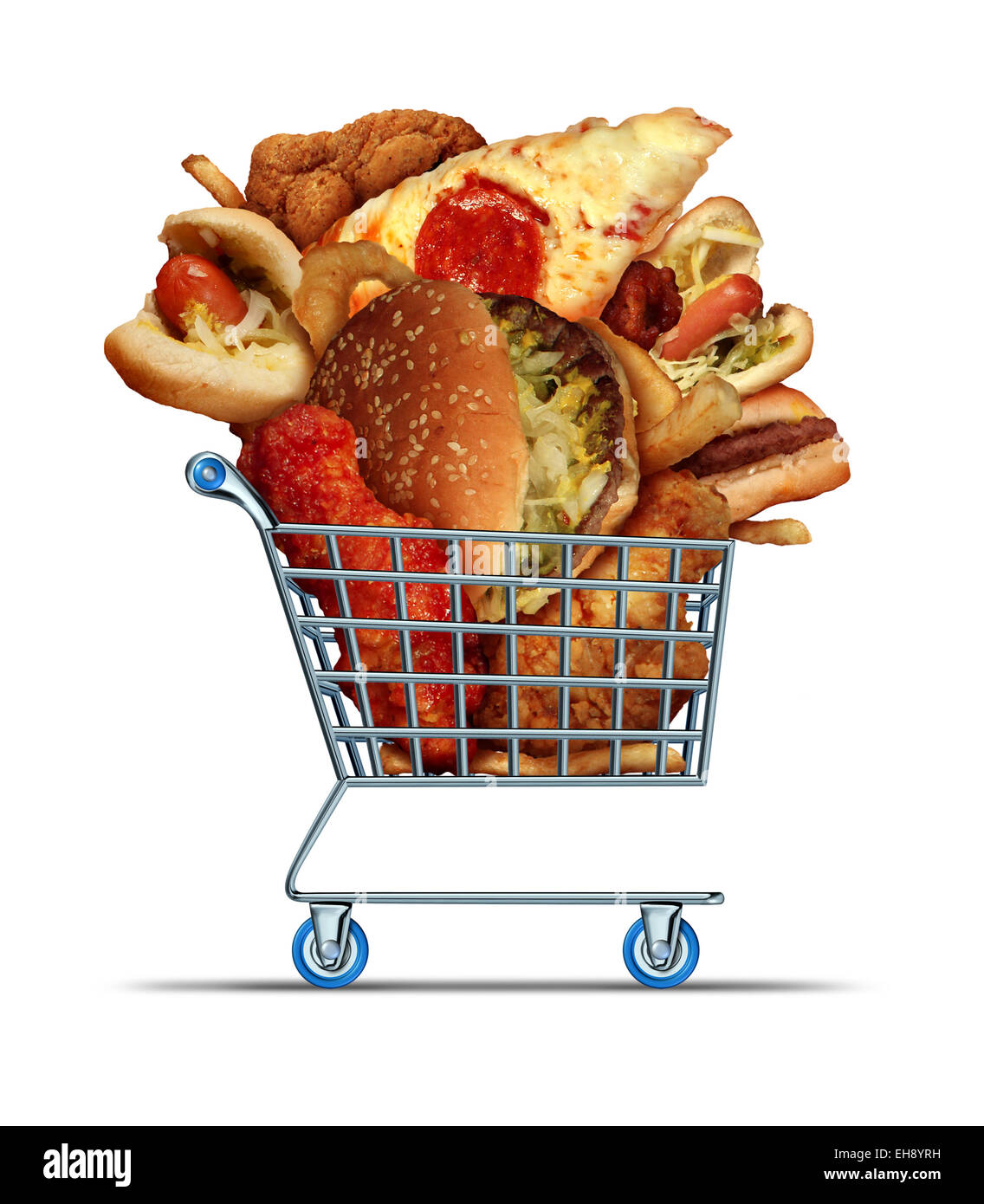 Unhealthy food shopping as a diet concept with greasy fried take out as onion rings burger and hot dogs with fried chicken french fries and pizza in a store shop cart as a symbol of consumer eating habits. Stock Photo