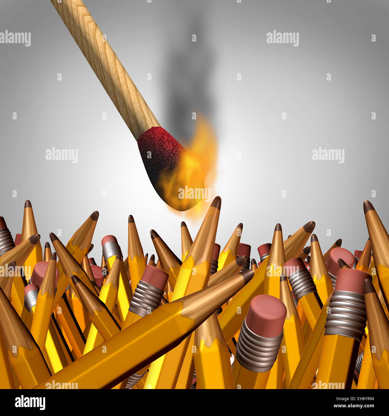 Creative burnout business concept as an ignited match stick burning yellow pencils and as a symbol for education and learning risks and dangers. Stock Photo