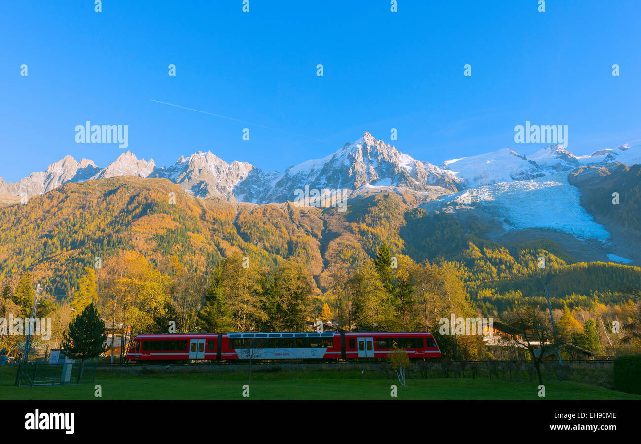 Europe, France, Haute Savoie, Rhone Alps, Chamonix Valley, Mont Blanc 4810m, Chamonix Express train Stock Photo