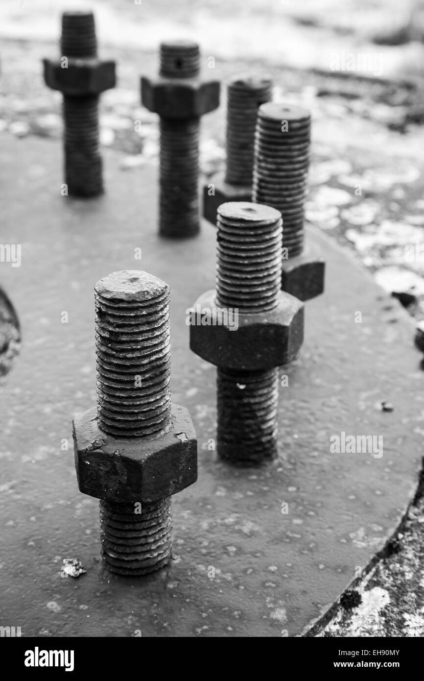 Big black steel bolts and nuts in a circle on rusted industrial cover. Selective focus Stock Photo