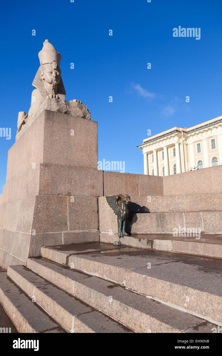 Granite sphinx. Ancient monument on blue sky background. Landmark of Neva river coast in St.Petersburg, Russia Stock Photo