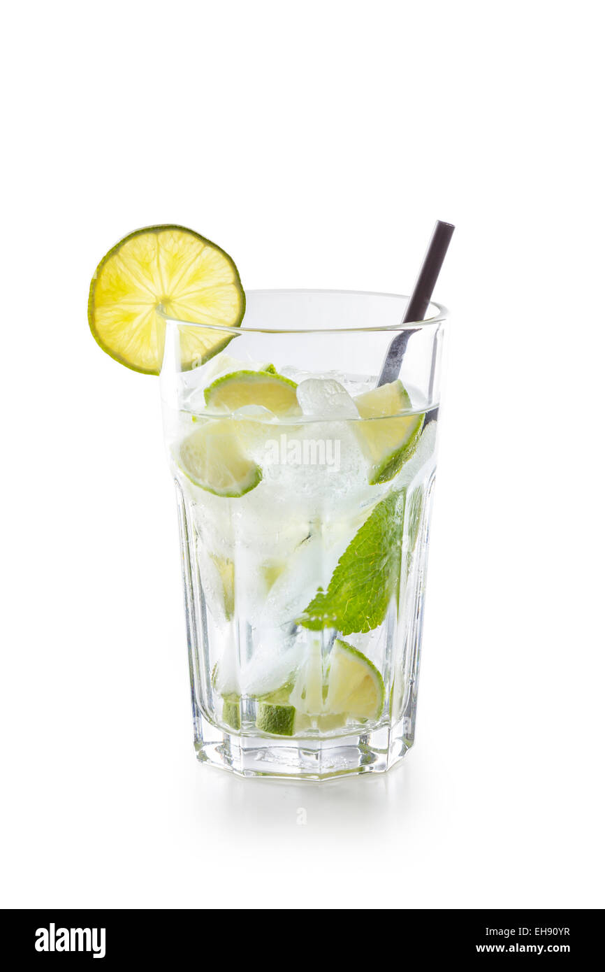 Glass with Mojito Cocktail isolated on white background Stock Photo