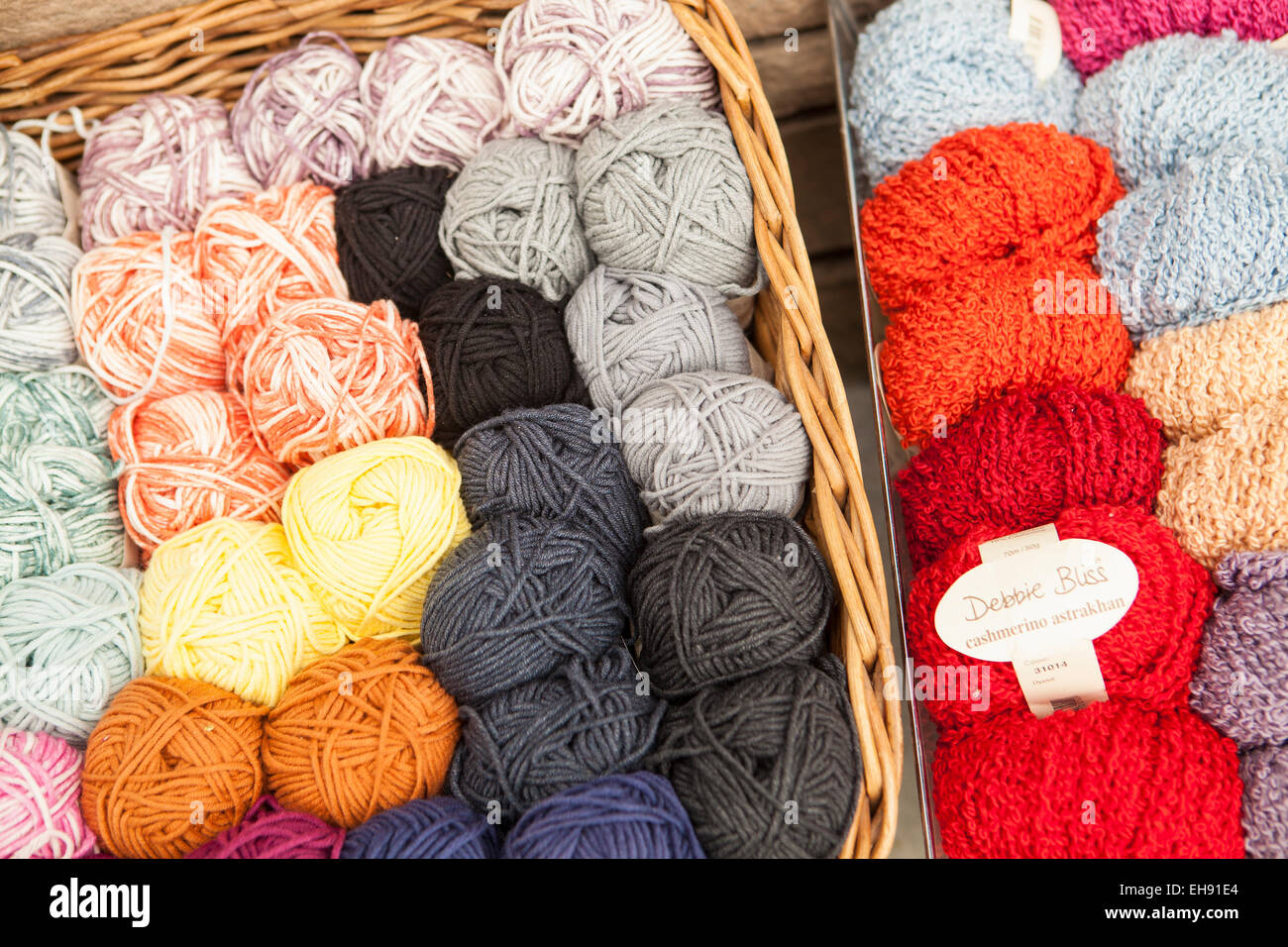 baskets of colorful yarn for sale, Half Moon Bay, California Stock Photo