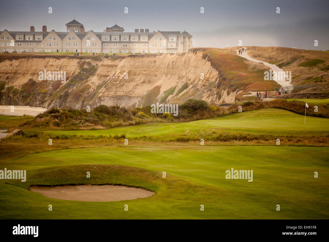 Ritz-Carlton Hotel and Half Moon Bay Ocean Golf Links on a misty day, Half Moon Bay, California Stock Photo