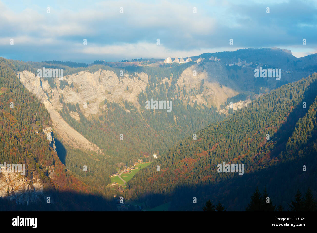 Europe, France, Haute Savoie, Rhone Alps, Morzine and cliff top Avoriaz Stock Photo