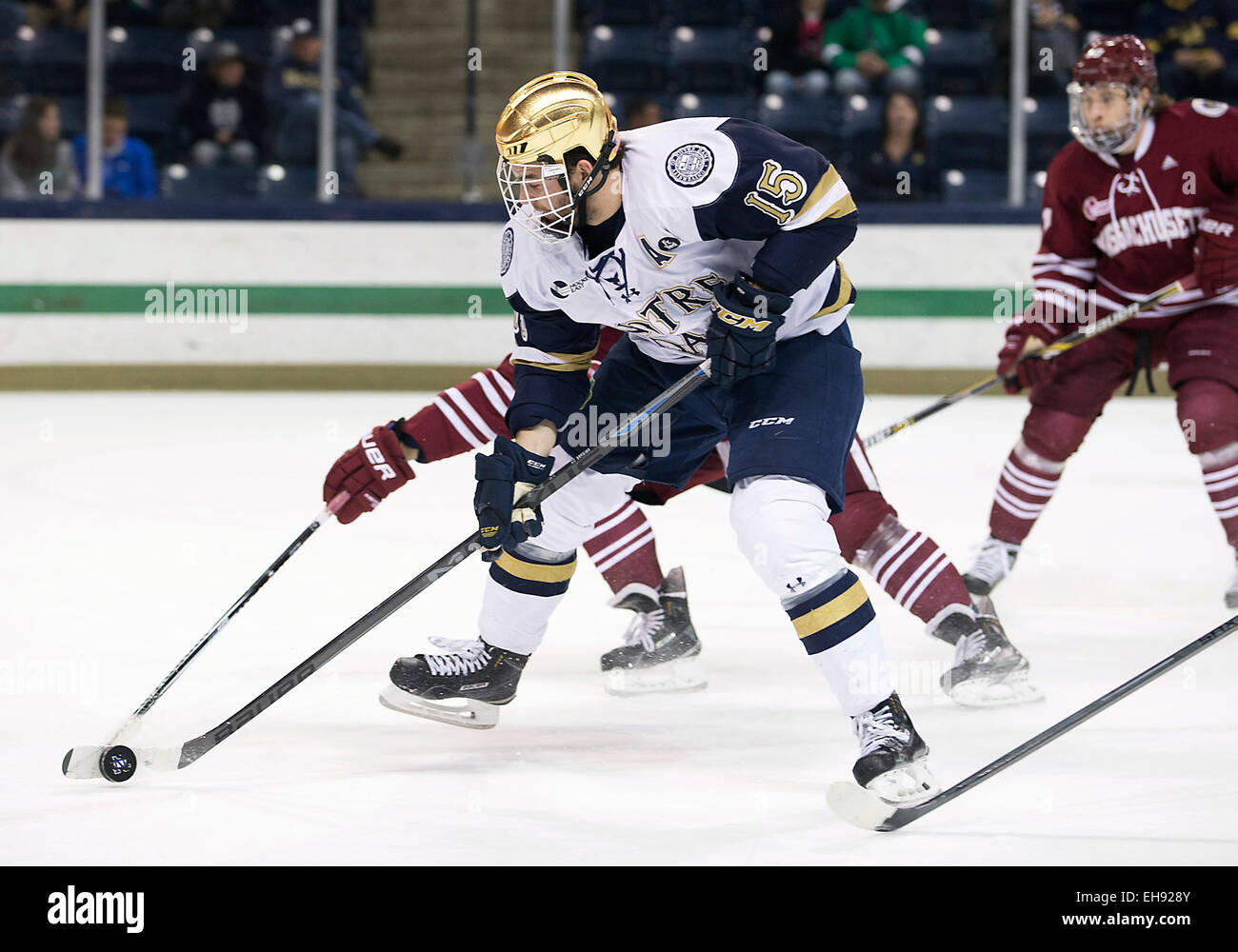 The Series. 08th Mar, 2015. Notre Dame right wing Peter Schneider (15) skates with the puck as Umass defenseman Ben Gallacher (11) defends during NCAA Hockey game action between the Notre Dame Fighting Irish and the UMass Minutemen at Compton Family Ice Arena in South Bend, Indiana. Notre Dame defeated UMass 7-0 to win the series. © csm/Alamy Live News Stock Photo