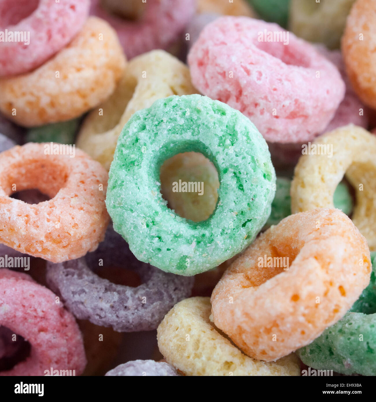 A close-up of Kellogg's Froot Loops cereal.  Canadian version of Froot Loops shown. Stock Photo