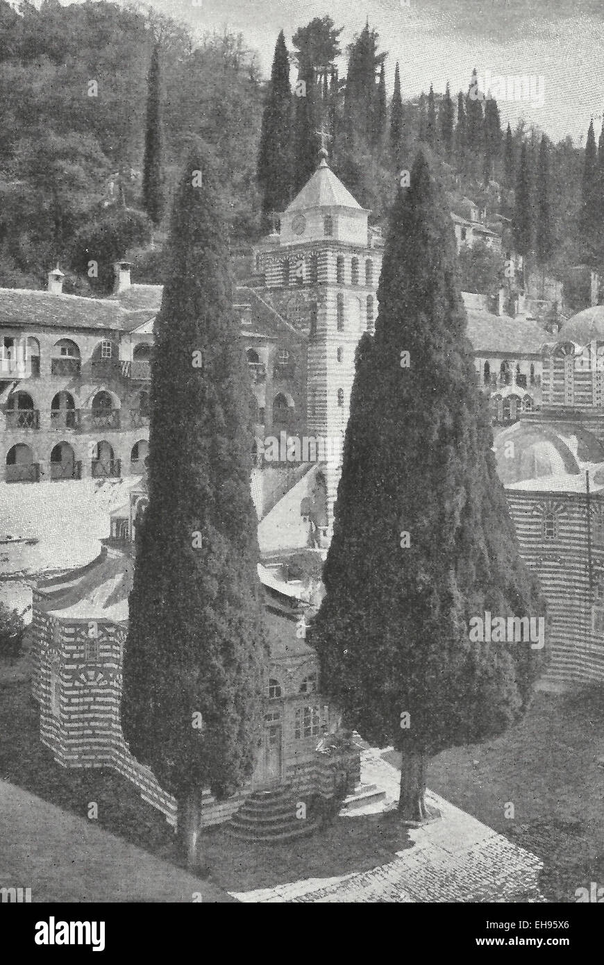 The cypresses of Zograf.  Saint George the Zograf monastery 1916 Stock Photo