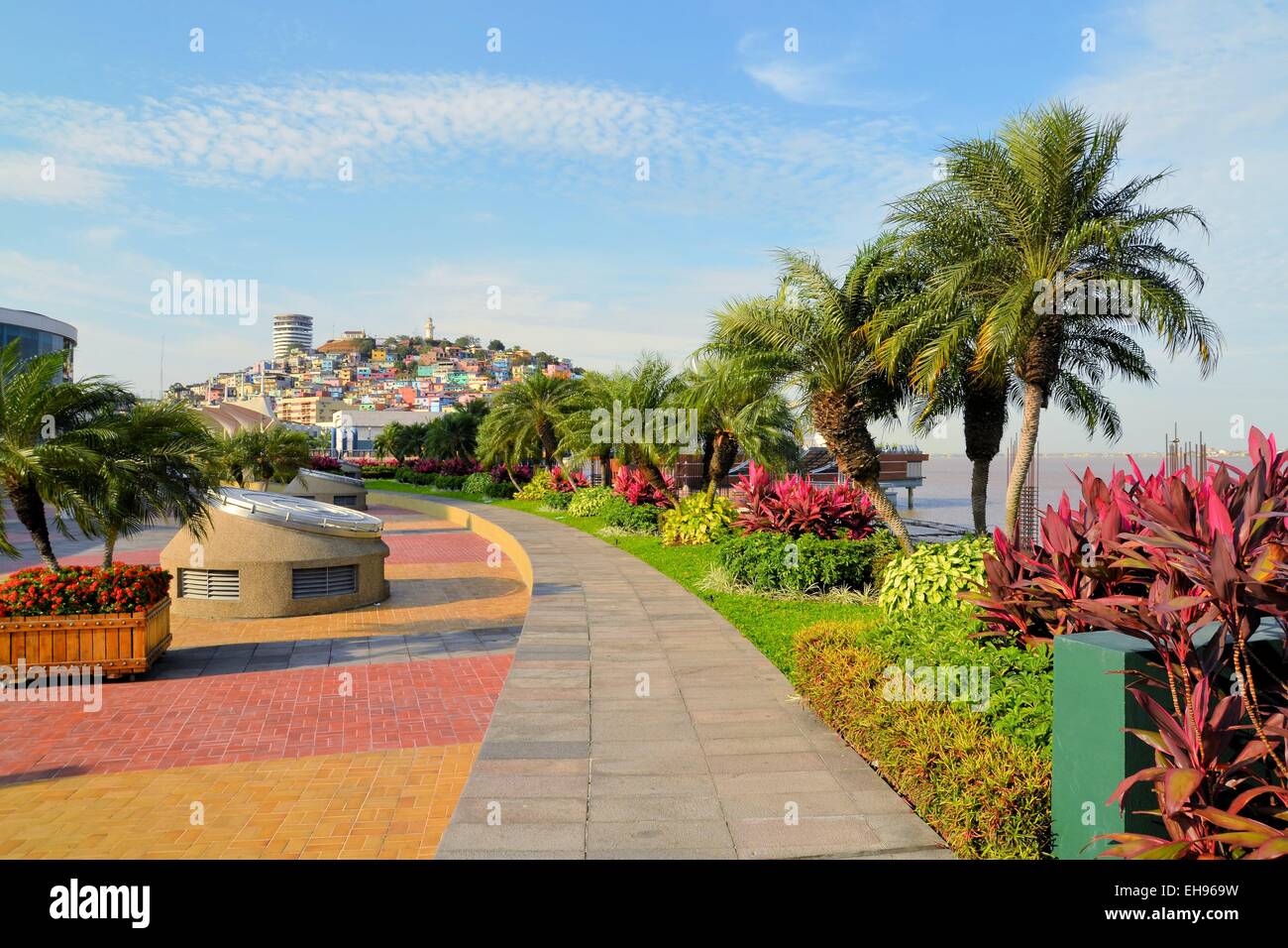 Seaside Malecon 2000 walkway with Santa Ana Hill, Ecuador Stock Photo