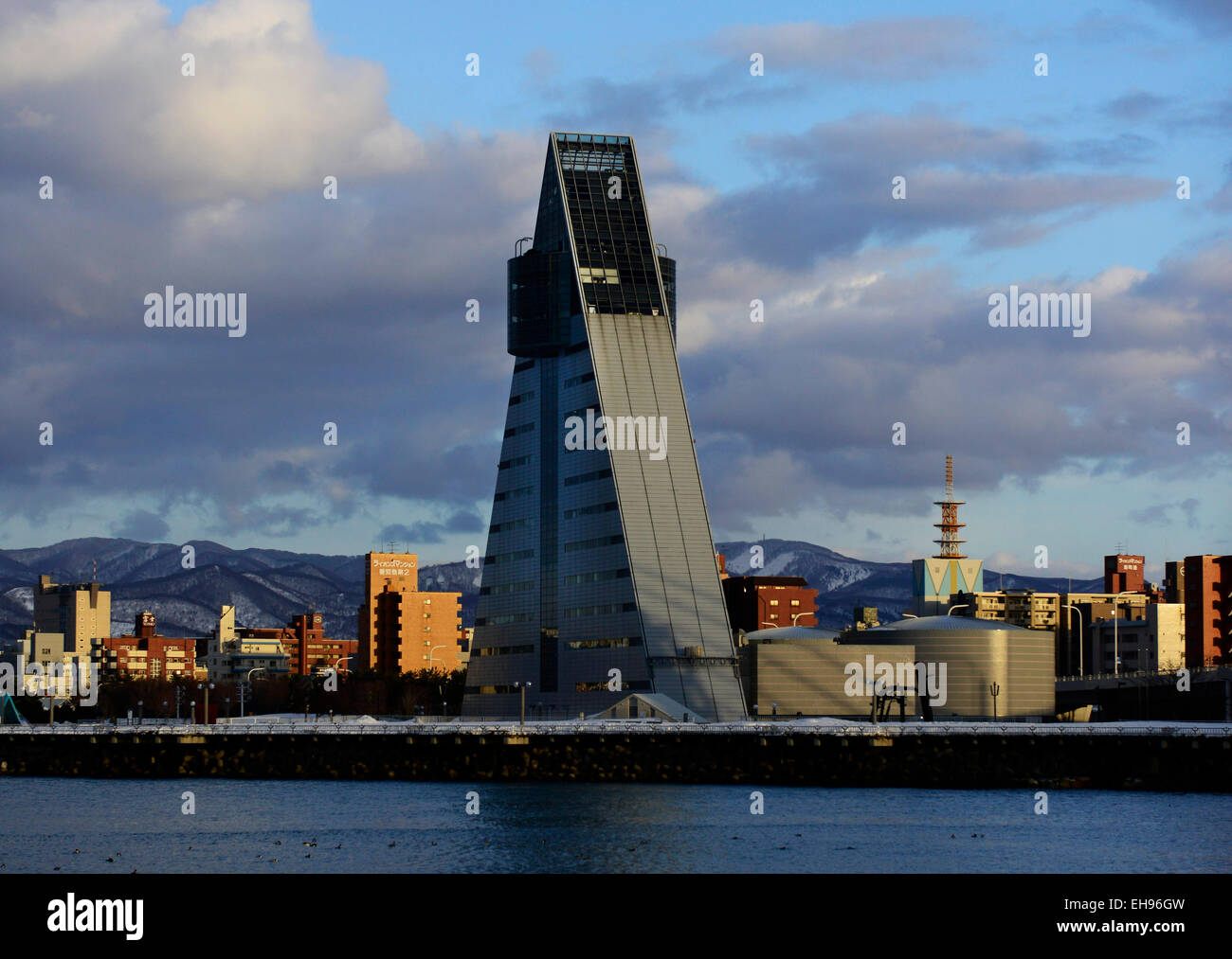 Aomori city view during sunset with the ASPAM center in the middle. Stock Photo