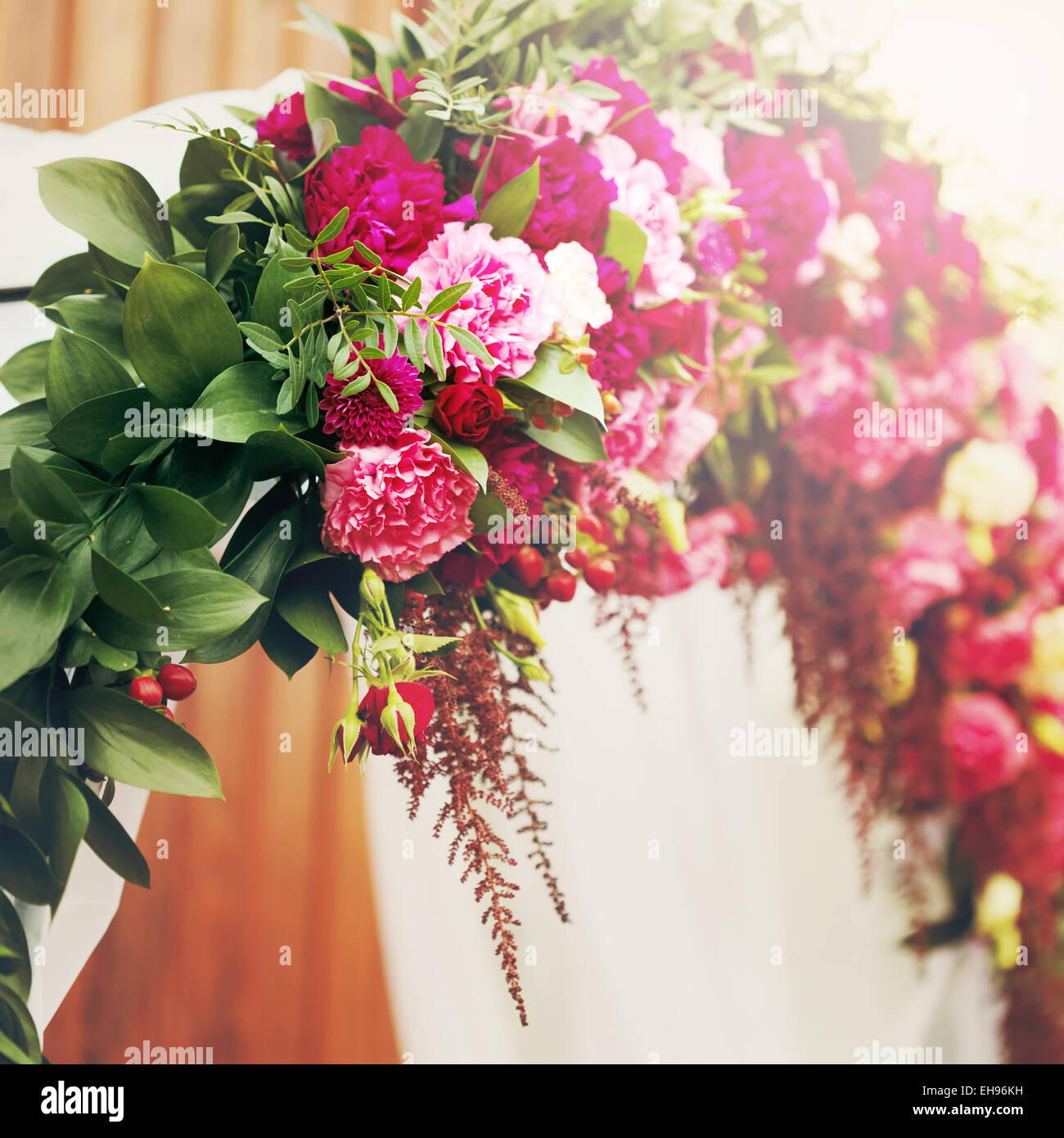 Flower decoration in wedding day. Pink, red and white roses