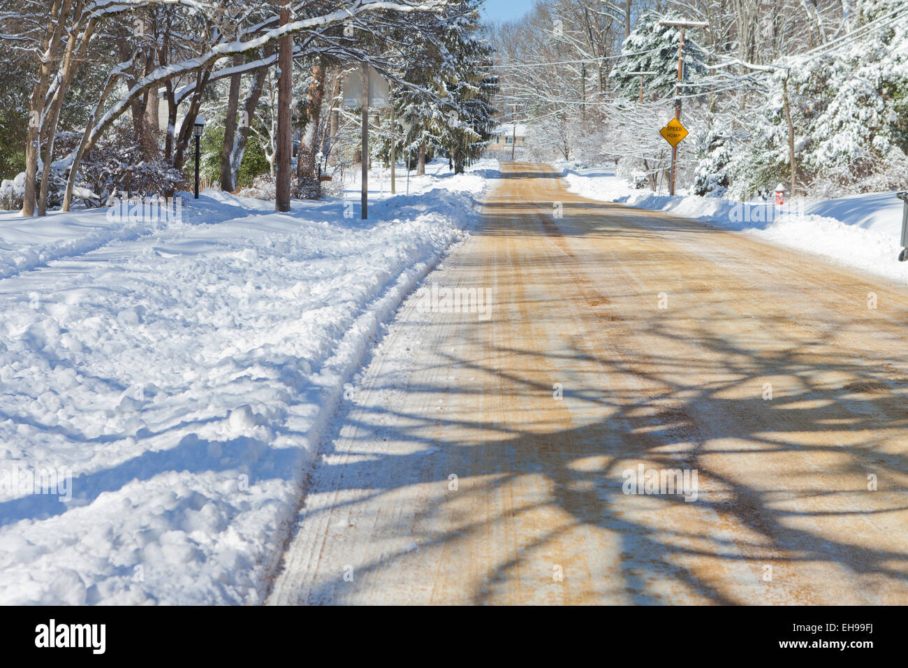 Snow covered residential street - Virginia USA Stock Photo
