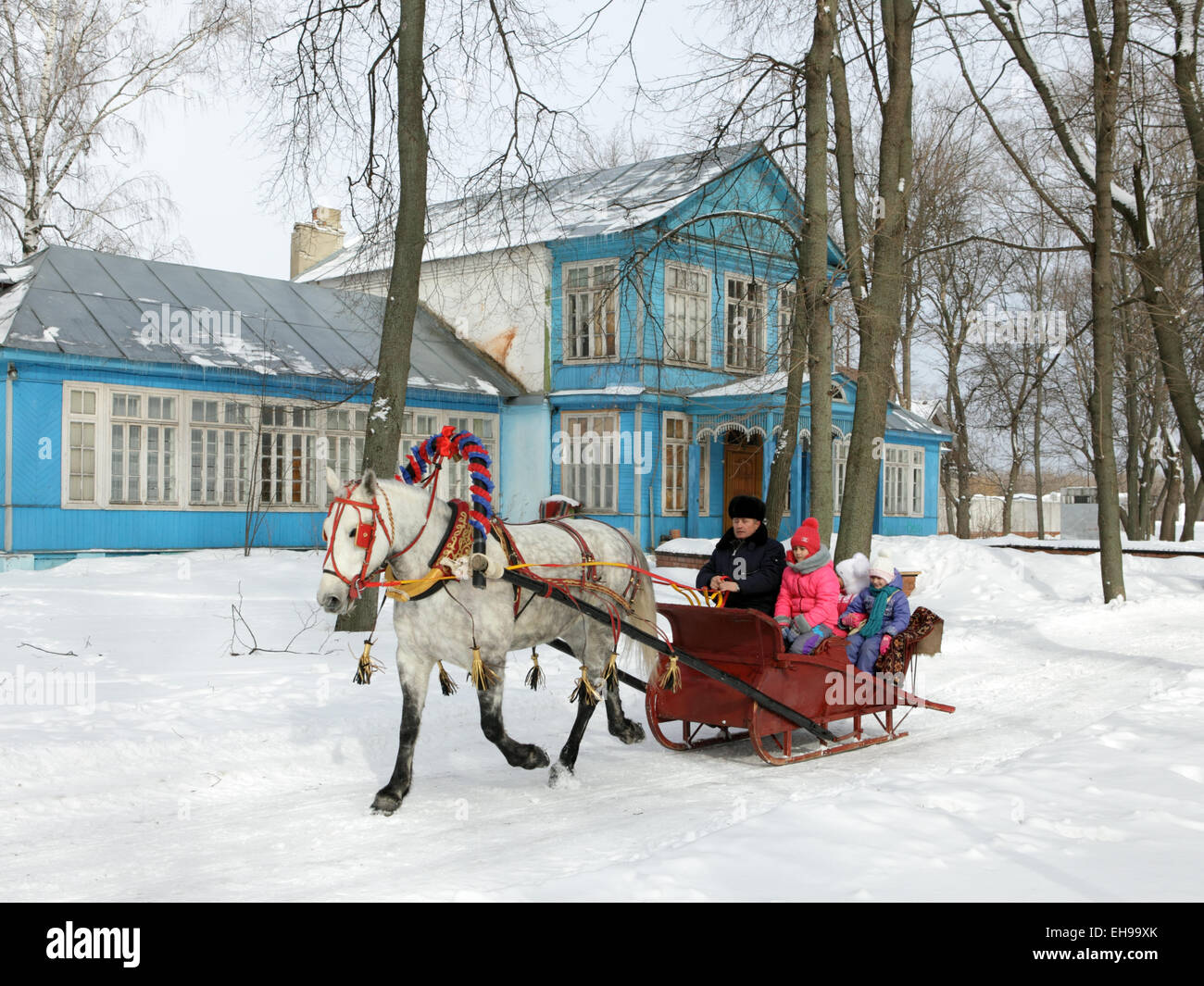A driver and babies with a horse-drawn sleigh in the russian village Stock Photo