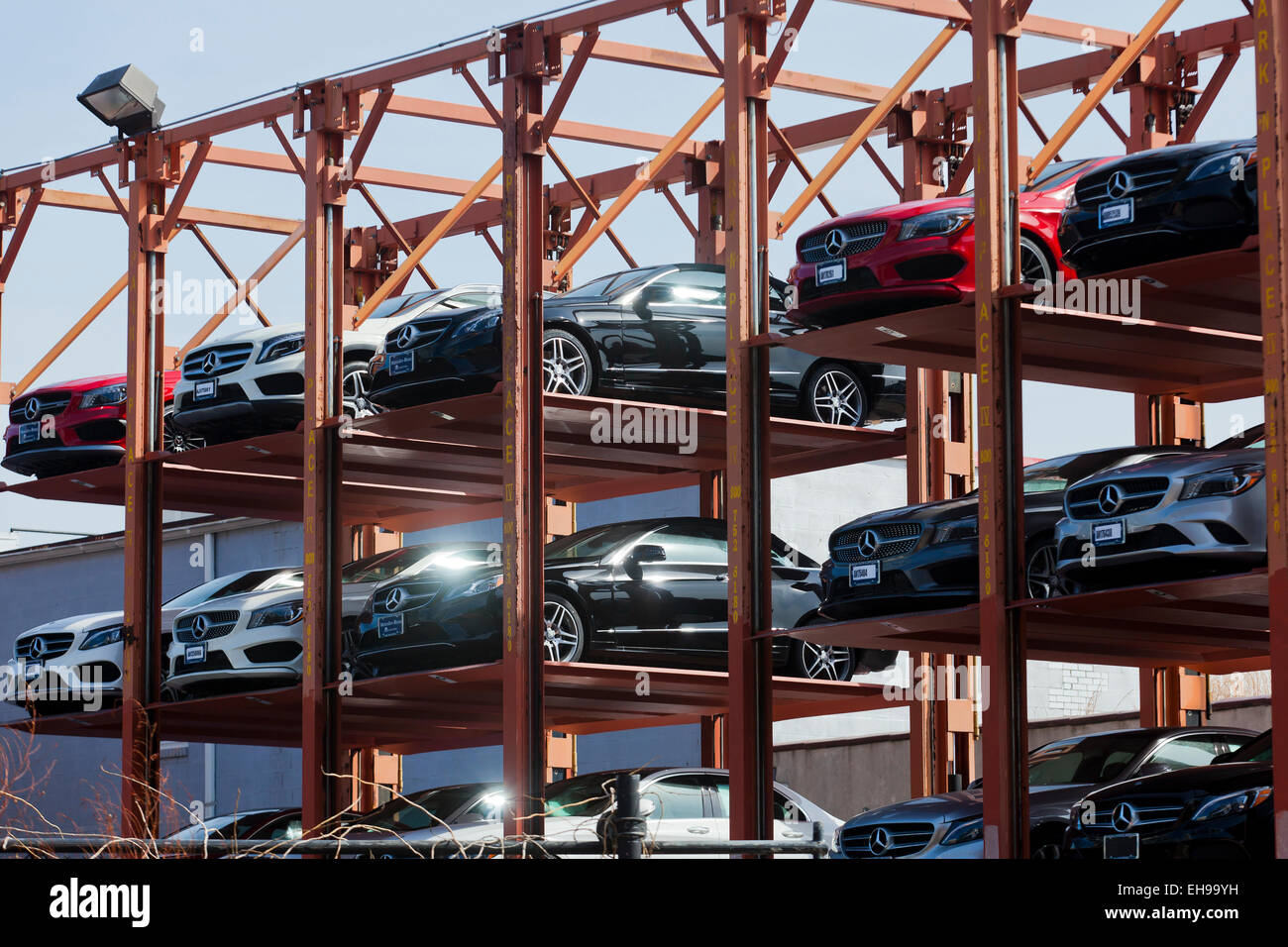 Temporary steelframed car park structure at auto dealership USA