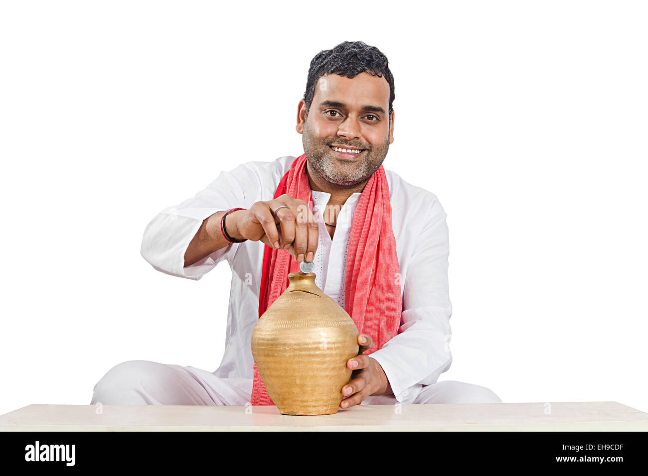1 Indian Rural Farmer Saving Money Piggy Bank Stock Photo