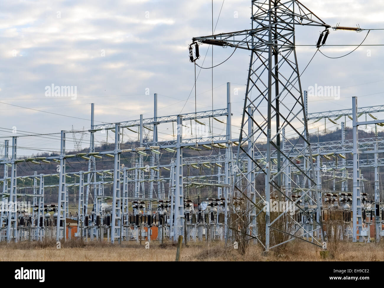 Substation for high voltage conversion and distribution of electricity Stock Photo