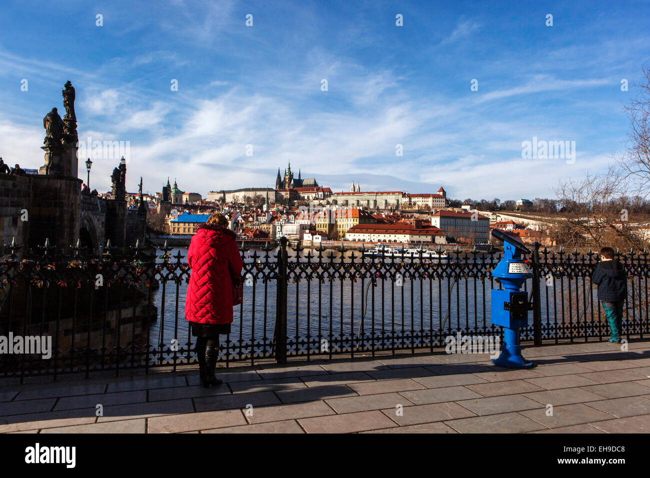 Panorama of Prague with the Charles Bridge river and Prague Castle Stock Photo