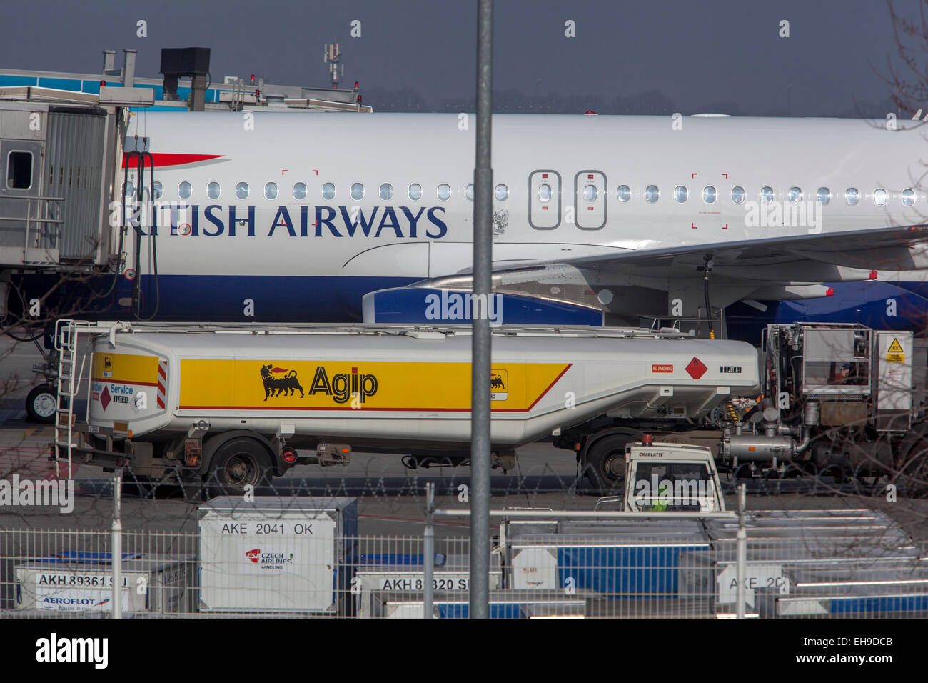 Refueling a British Airways airplane, Airport, Prague Czech Republic Stock Photo
