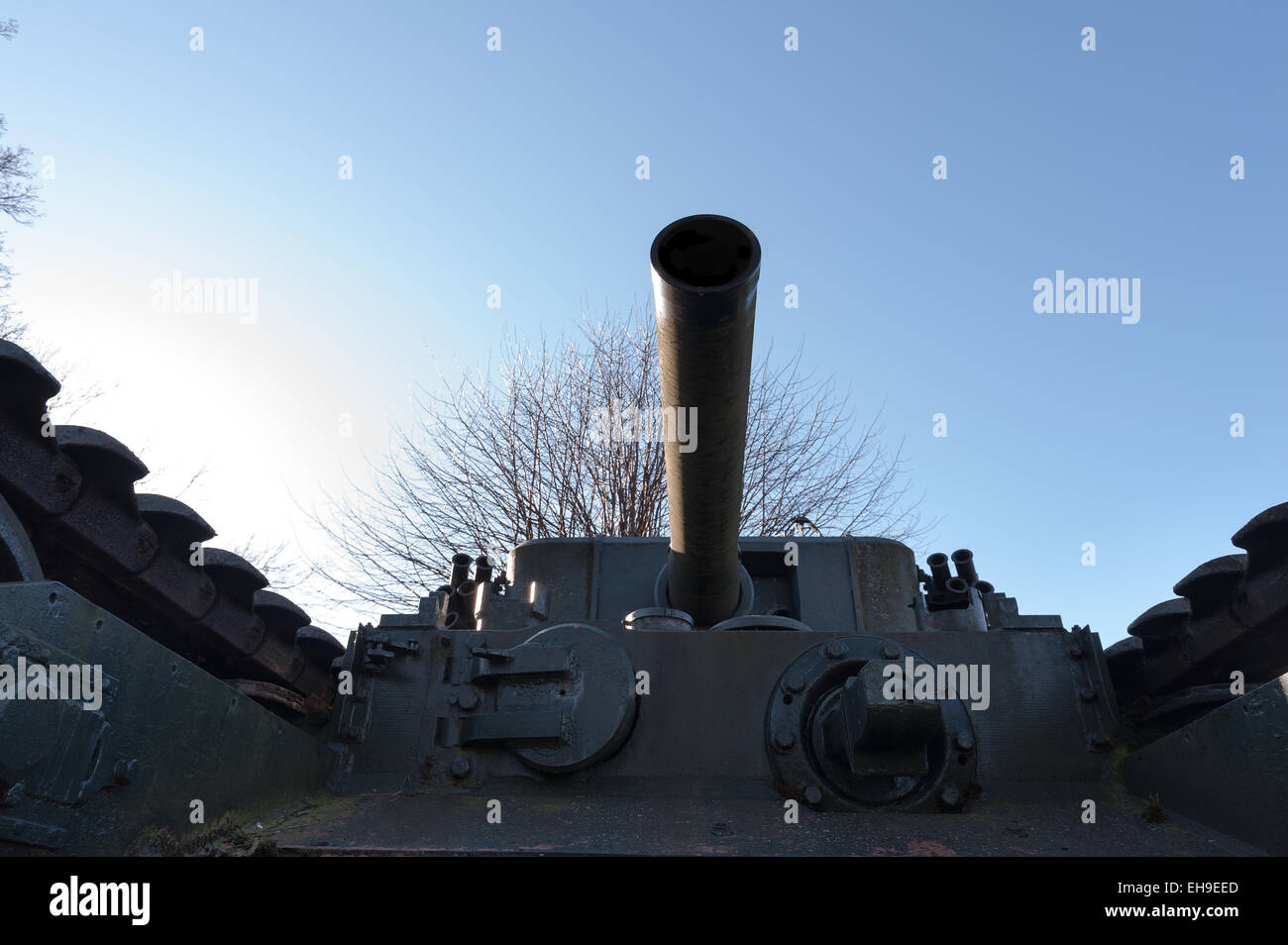Almost looking down the gun barrel to a British tank armored vehicle now peace keeper Stock Photo
