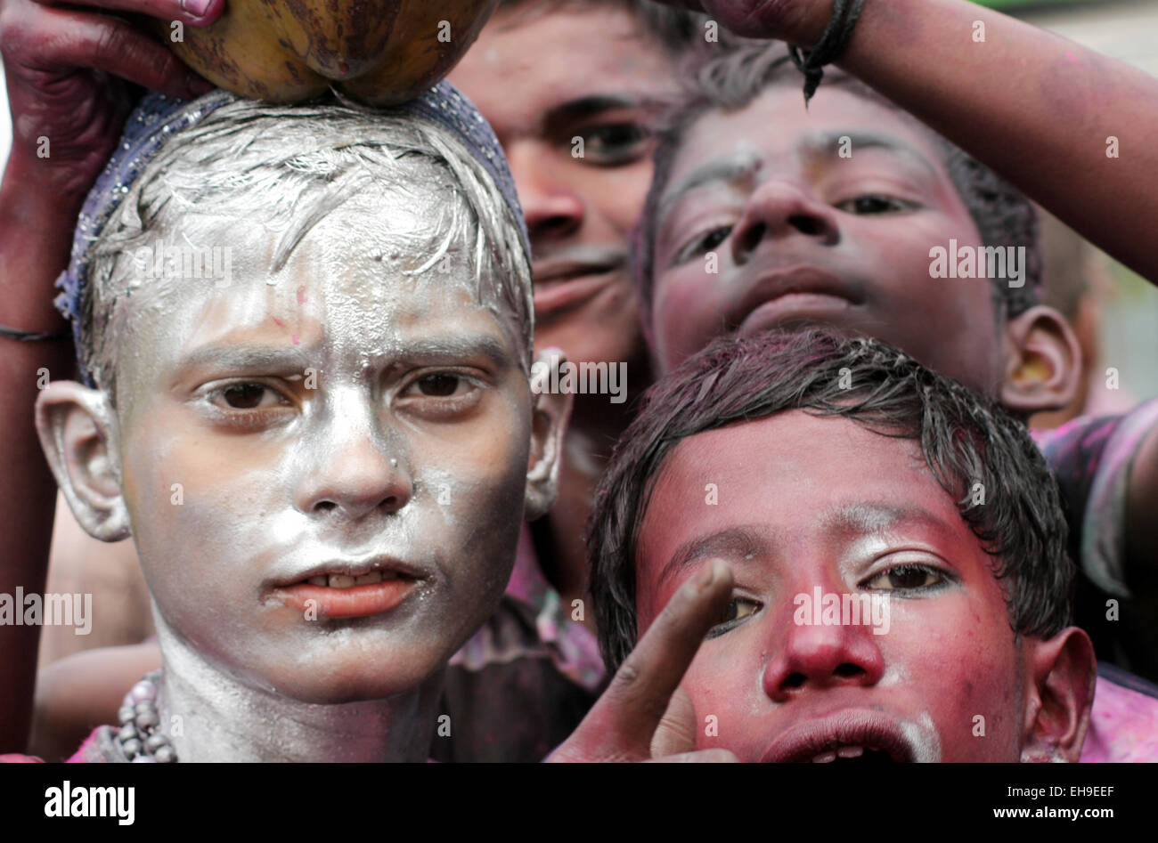 Indian Hindus celebrate Holi,festival of colors,annual festival on March 6,2015 in Hyderabad,India.Popular festival for Hindus Stock Photo