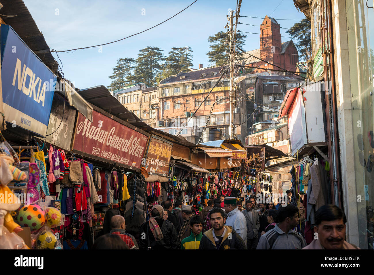 The busy bazaar below The Ridge in Shimla, Himachal Pradesh, India Stock Photo