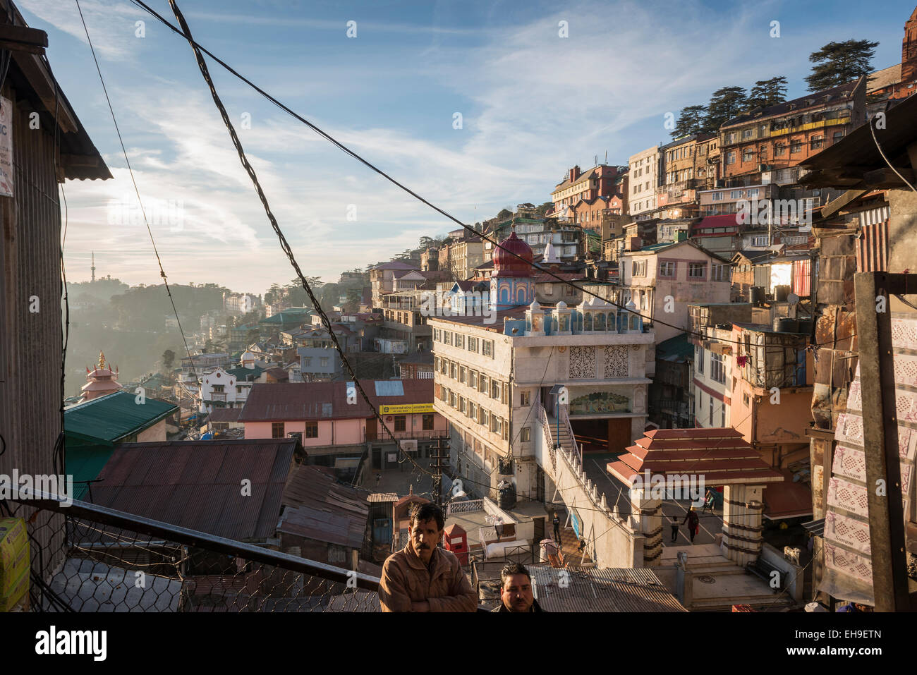 View across the bazaars below The Ridge in Shimla, Himachal Pradesh, India Stock Photo