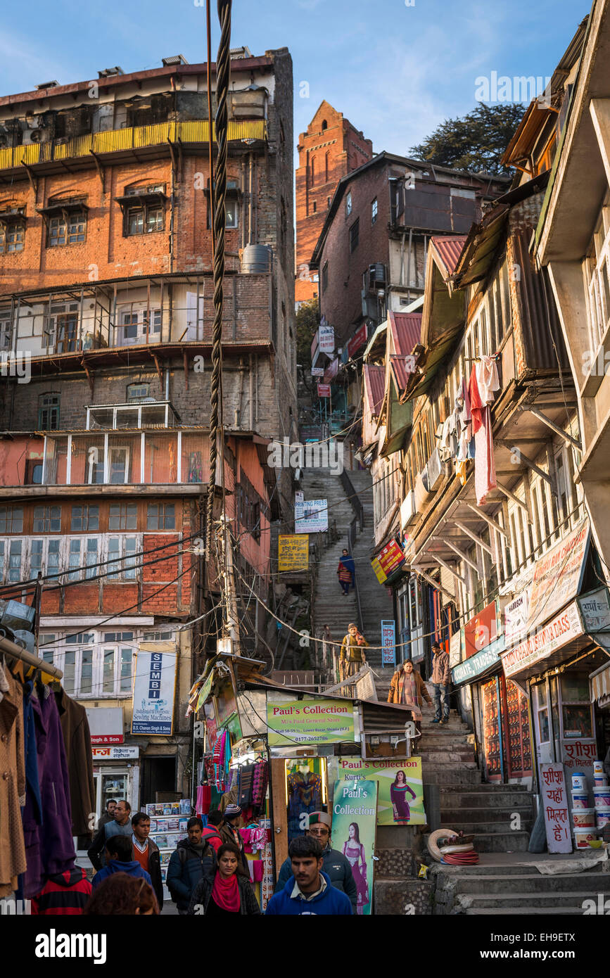 The steep steps down from The Ridge to the lower bazaars of Shimla, Himachal Pradesh, India Stock Photo