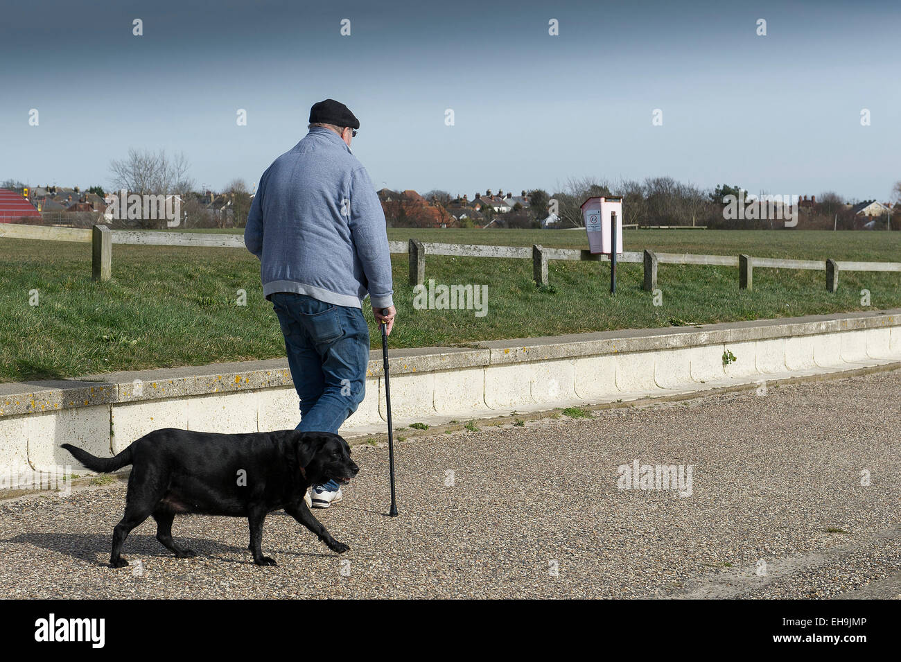 A man walking his dog along the banks of the River Crouch at Burnham on Crouch in Essex. Stock Photo