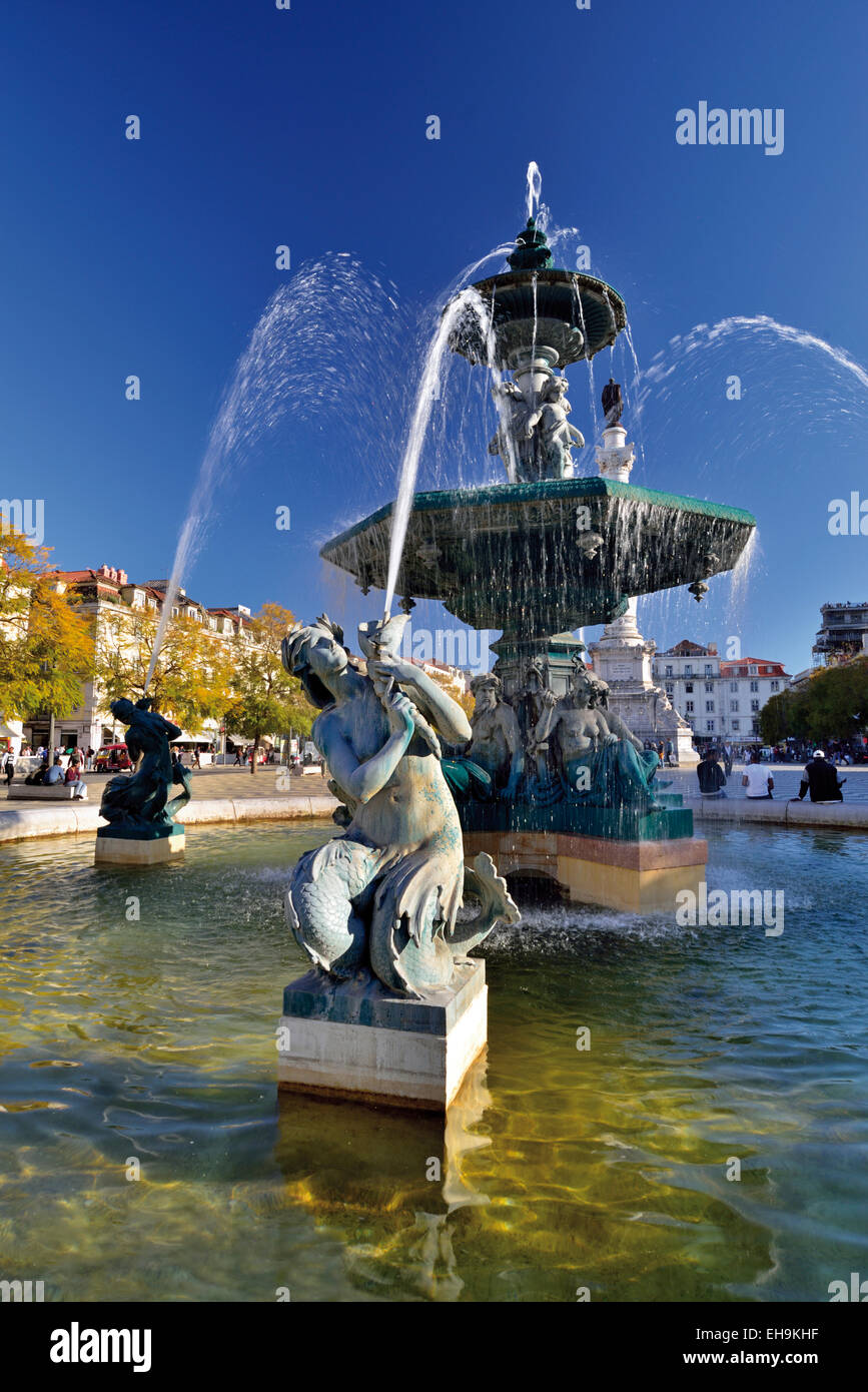Portugal, Lisbon: Detail of a water fountain at Rossio ou Pedro IV Square in downtown Stock Photo