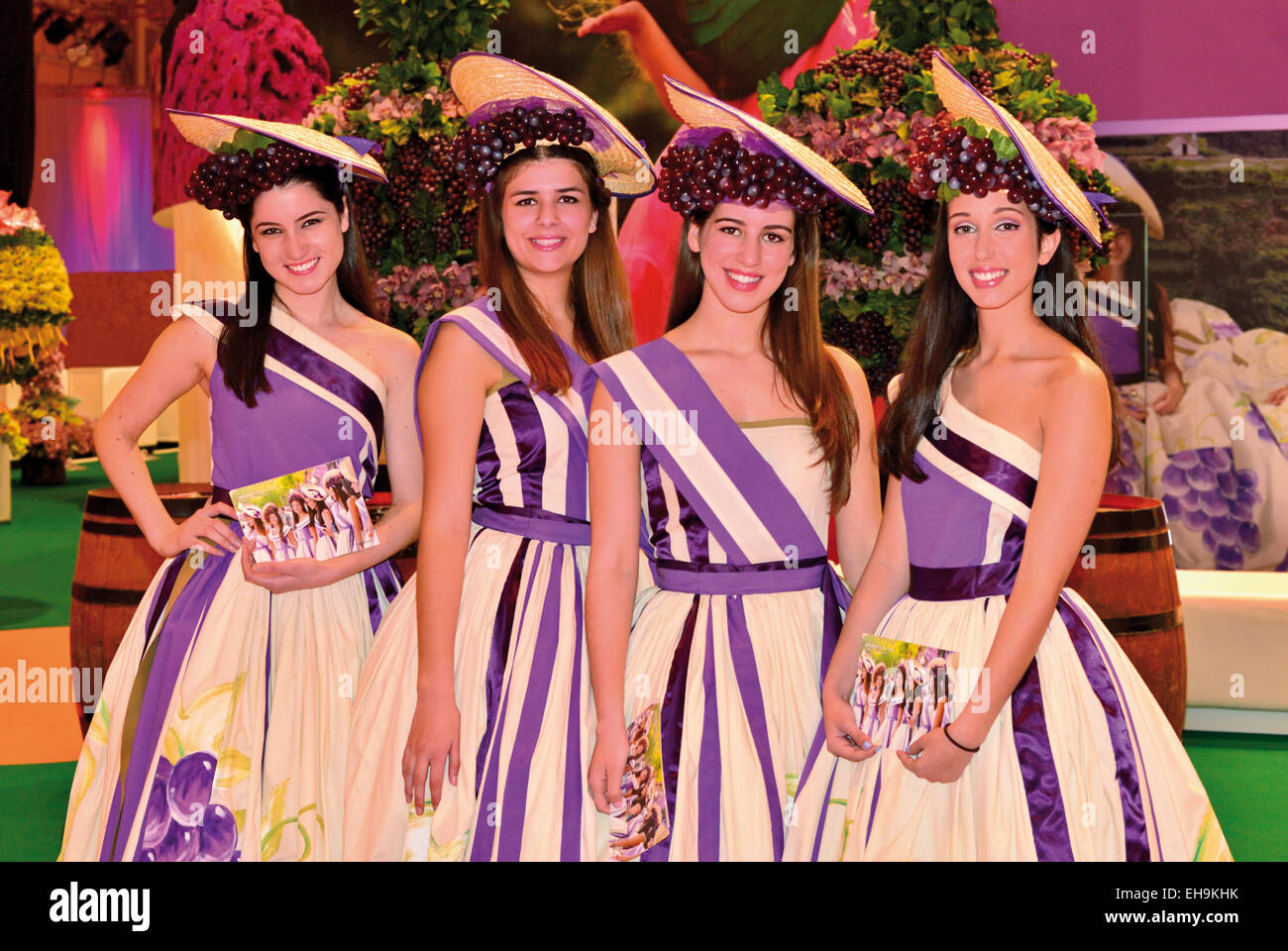 Portugal, Lisbon: Four girls from Madeira representing the Wine Festival in Funchal at the Tourism Fair BTL 2015 Stock Photo