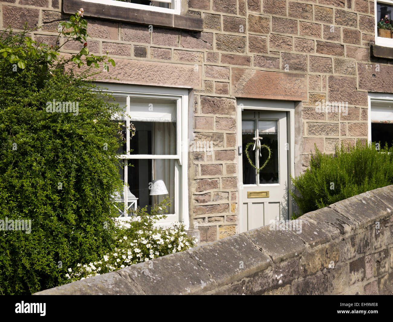 Bushes in front garden of stone built residential house, Belper Lane