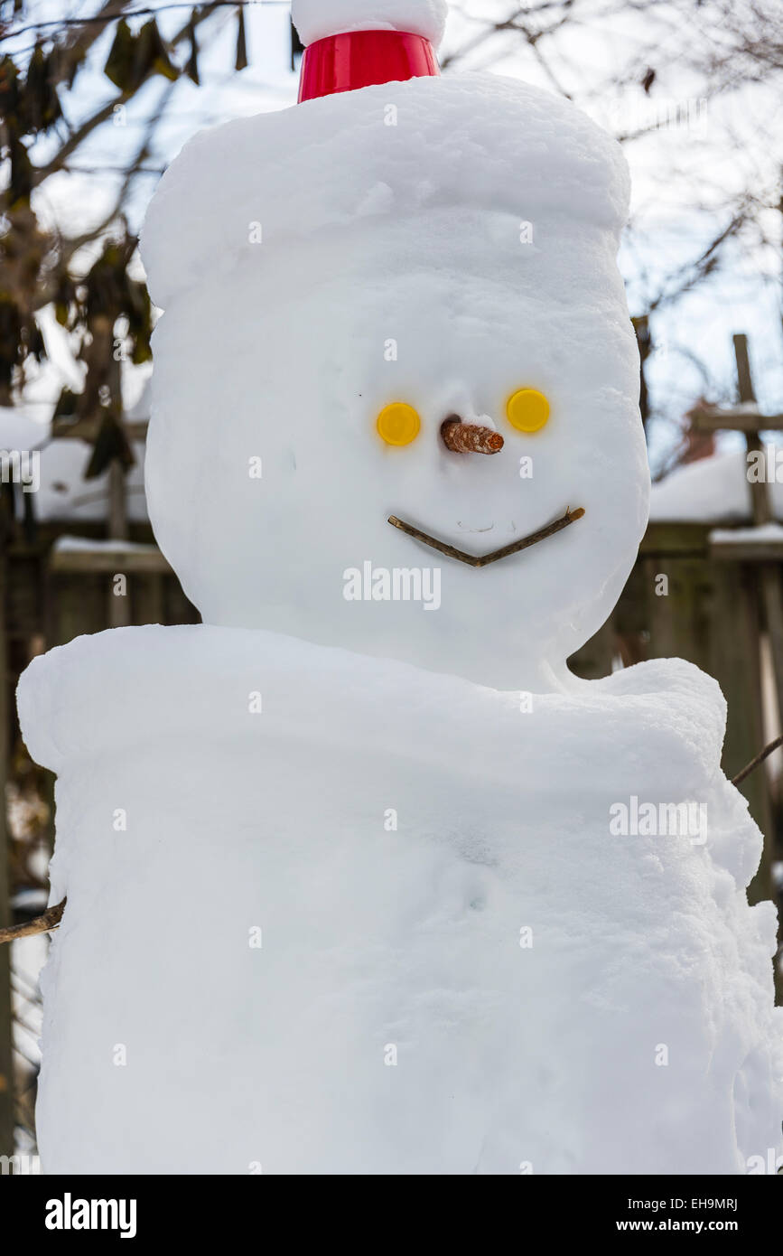 Snowman Yard With Yellow Eyes Carrot Winter Closeup Portrait Vertical Smiling Happy Children Made From Snow Stock Photo
