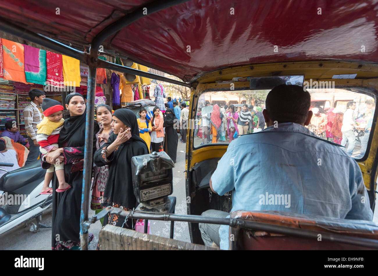 Auto-rickshaw Rides through Busy Street, Jaipur, Rajasthan, India Stock Photo